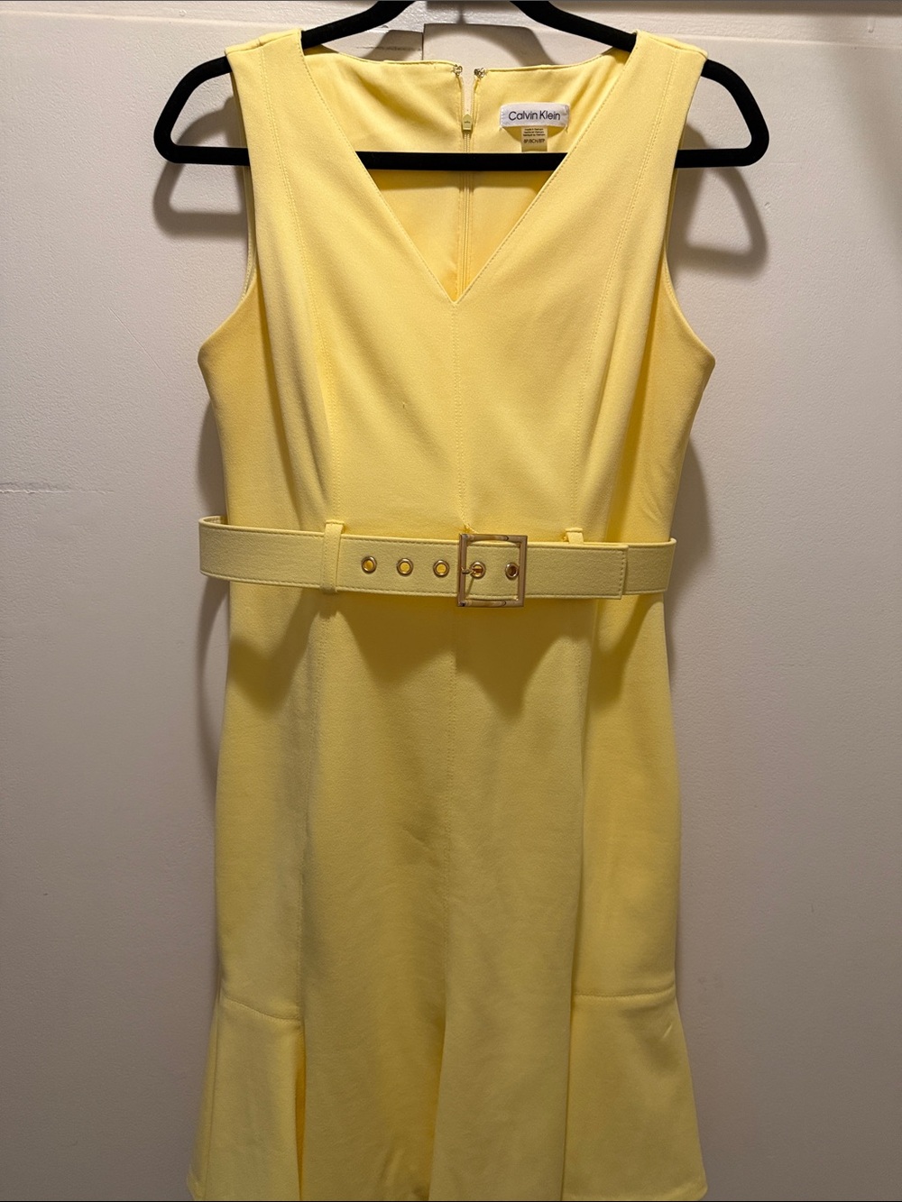 Calvin Klein Light Yellow Sleeveless V-Neck Belted Midi Dress